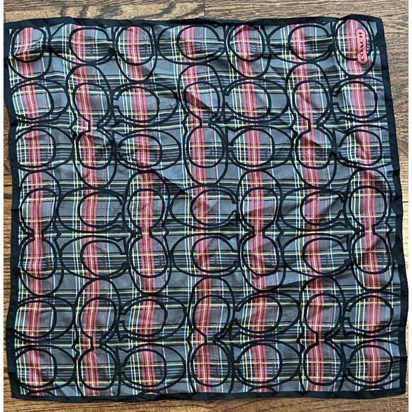 VTG Coach Tartan Plaid Signature C Pattern 21" Scarf Black Red 100% Silk RARE - Picture 2 of 9